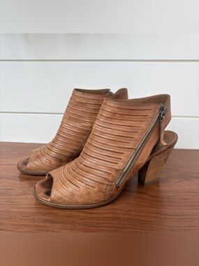Paul Green Cayanne Brown Leather Open Toe Booties Zip Block Heels Sandals 7 Boho